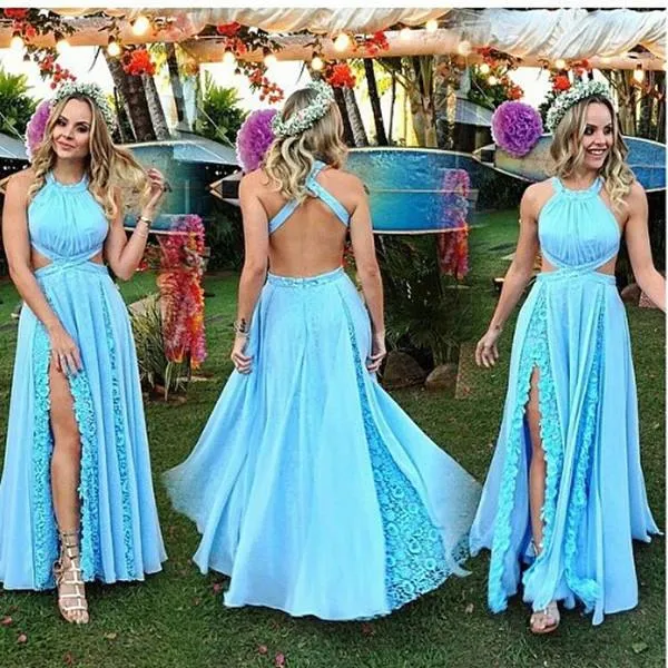 Charming Baby Blue Halter Lace Long Prom Dresses, Split Evening Dress with Lace, MP107