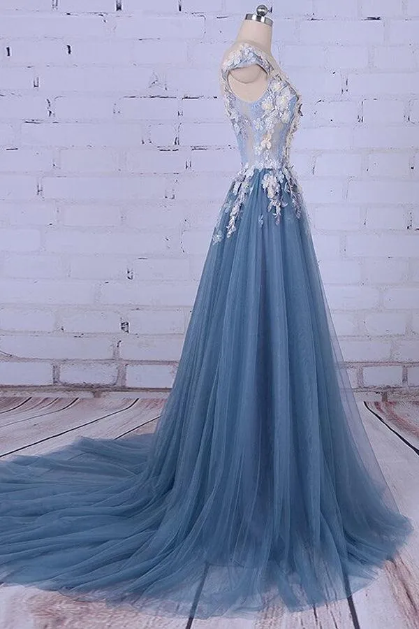 Charming Prom Dress Elegant Long Tulle  Appliques Formal Dress TP0174