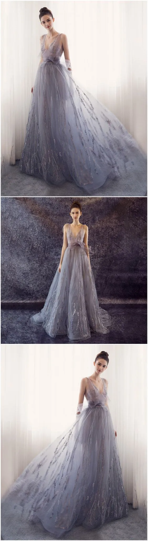 Charming Tulle Unique Newest Design V-neck Straps Prom Dresses, Fashion Modern Prom Dress , PD0464