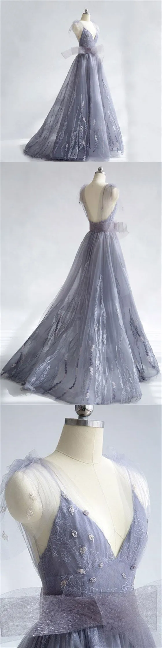 Charming Tulle Unique Newest Design V-neck Straps Prom Dresses, Fashion Modern Prom Dress , PD0464