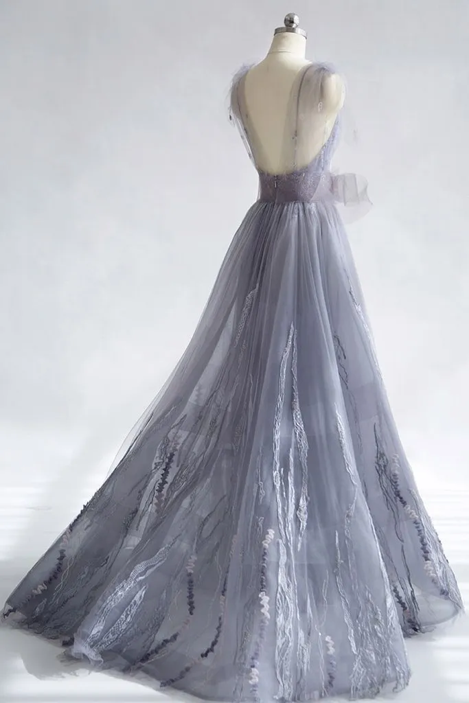 Charming Tulle Unique Newest Design V-neck Straps Prom Dresses, Fashion Modern Prom Dress , PD0464