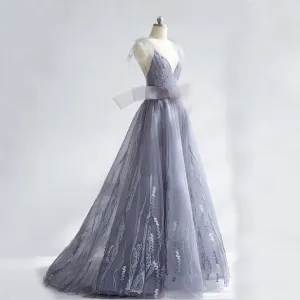 Charming Tulle Unique Newest Design V-neck Straps Prom Dresses, Fashion Modern Prom Dress , PD0464