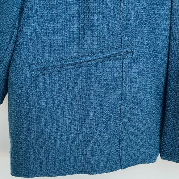 CHICO’S Blazer Knit Open Front 3/4 Sleeve Two Front Pockets Blue Lightweight