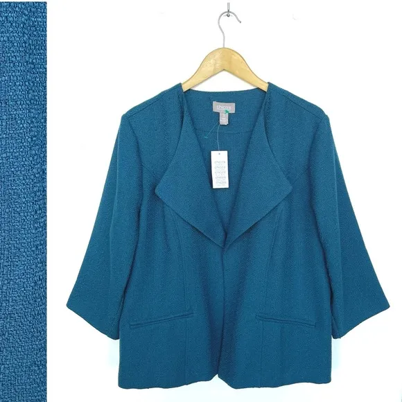 CHICO’S Blazer Knit Open Front 3/4 Sleeve Two Front Pockets Blue Lightweight