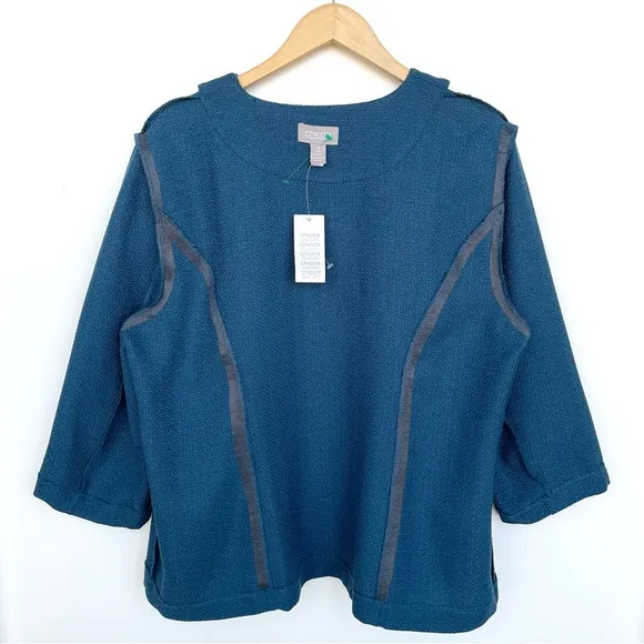 CHICO’S Blazer Knit Open Front 3/4 Sleeve Two Front Pockets Blue Lightweight