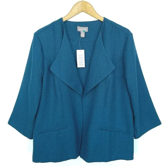 CHICO’S Blazer Knit Open Front 3/4 Sleeve Two Front Pockets Blue Lightweight