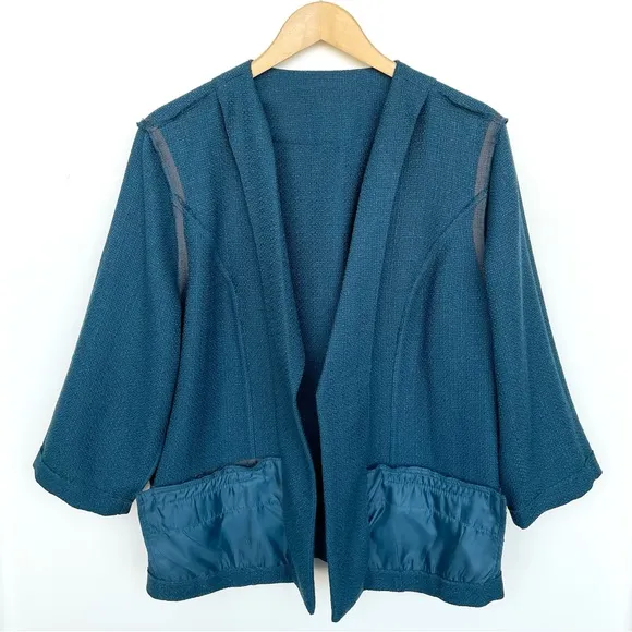 CHICO’S Blazer Knit Open Front 3/4 Sleeve Two Front Pockets Blue Lightweight
