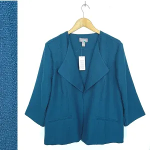 CHICO’S Blazer Knit Open Front 3/4 Sleeve Two Front Pockets Blue Lightweight