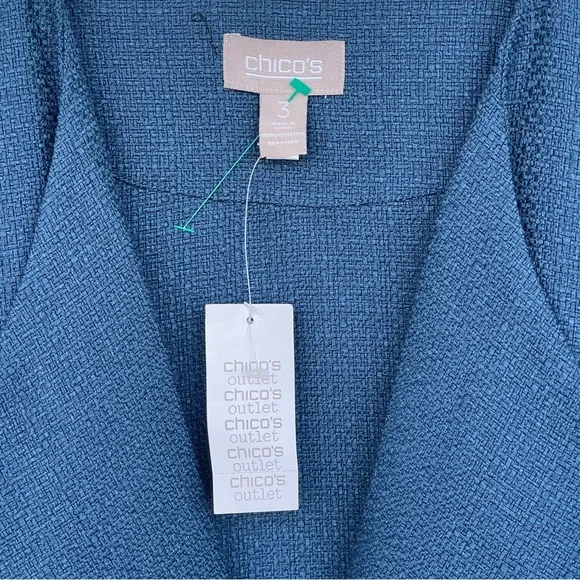 CHICO’S Blazer Knit Open Front 3/4 Sleeve Two Front Pockets Blue Lightweight