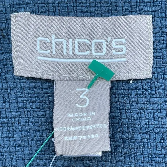CHICO’S Blazer Knit Open Front 3/4 Sleeve Two Front Pockets Blue Lightweight