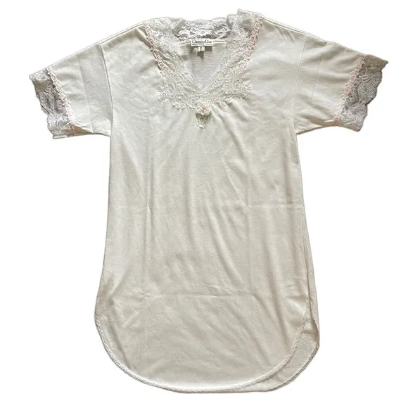 Christian Dior Vintage Union Label White Cotton Dollette Lace Trim Nightgown