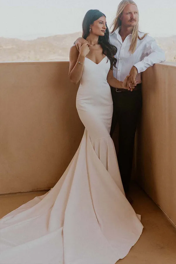 Classic Spaghetti Straps V-Neck Beach Simple Mermaid Wedding Dress TN362