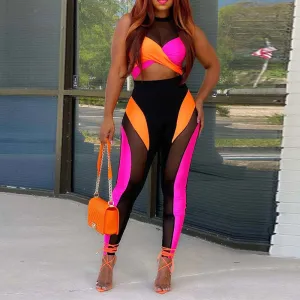 Colorblock Sleeveless Sheer Mesh 2PCS Pants Set