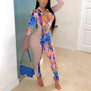 Colorblock Tie Dye Sheer Mesh Patchwork Jumpsuit