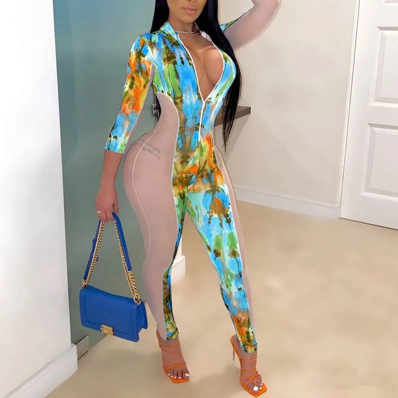 Colorblock Tie Dye Sheer Mesh Patchwork Jumpsuit