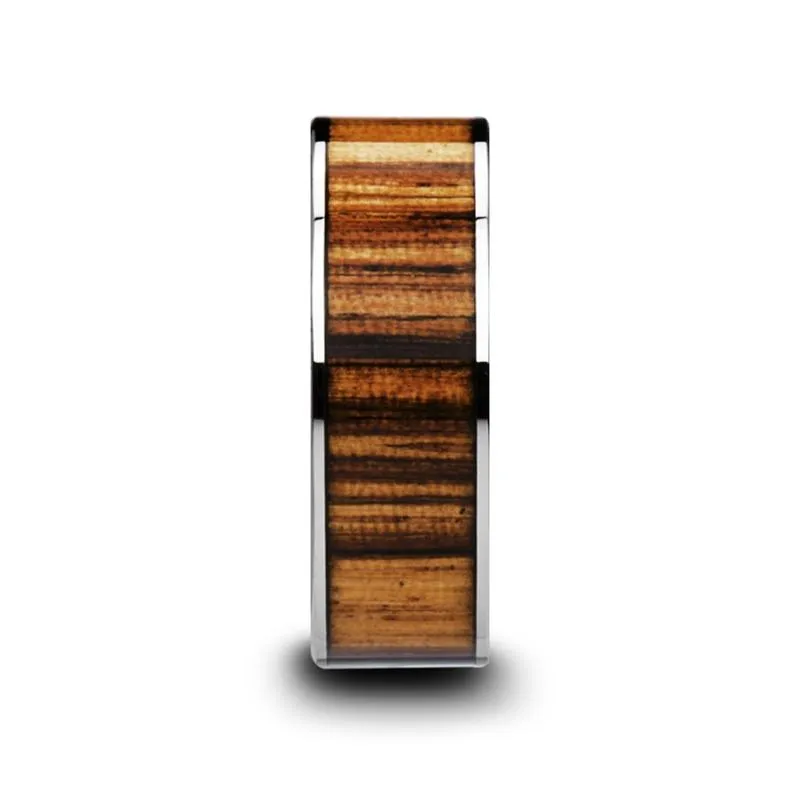 COPAN | Silver Tungsten Ring, Zebra Wood Inlay, Flat