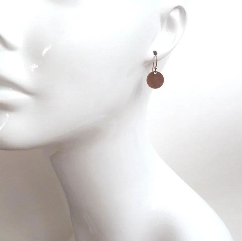 Copper Disk Earrings, round copper dangle earring, antique copper earring, small flat disk earring, lightweight copper earring, aged copper