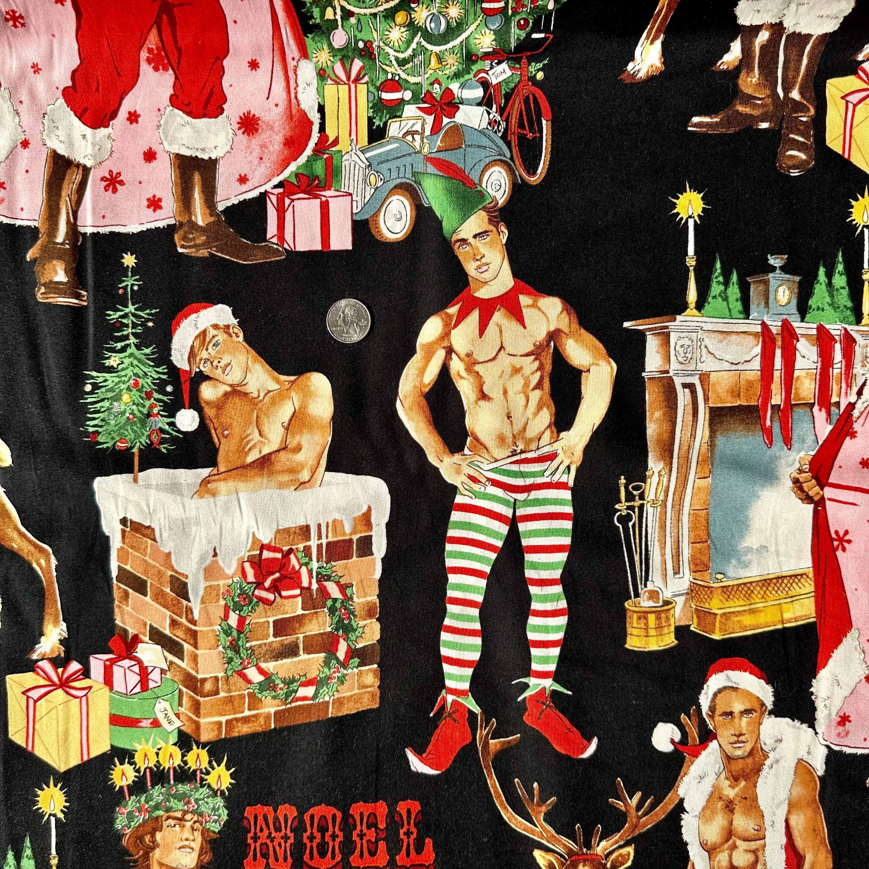 Cotton Fabric BTY Adult Sexy Santa Christmas Tree Scenic Men in Elf Costume
