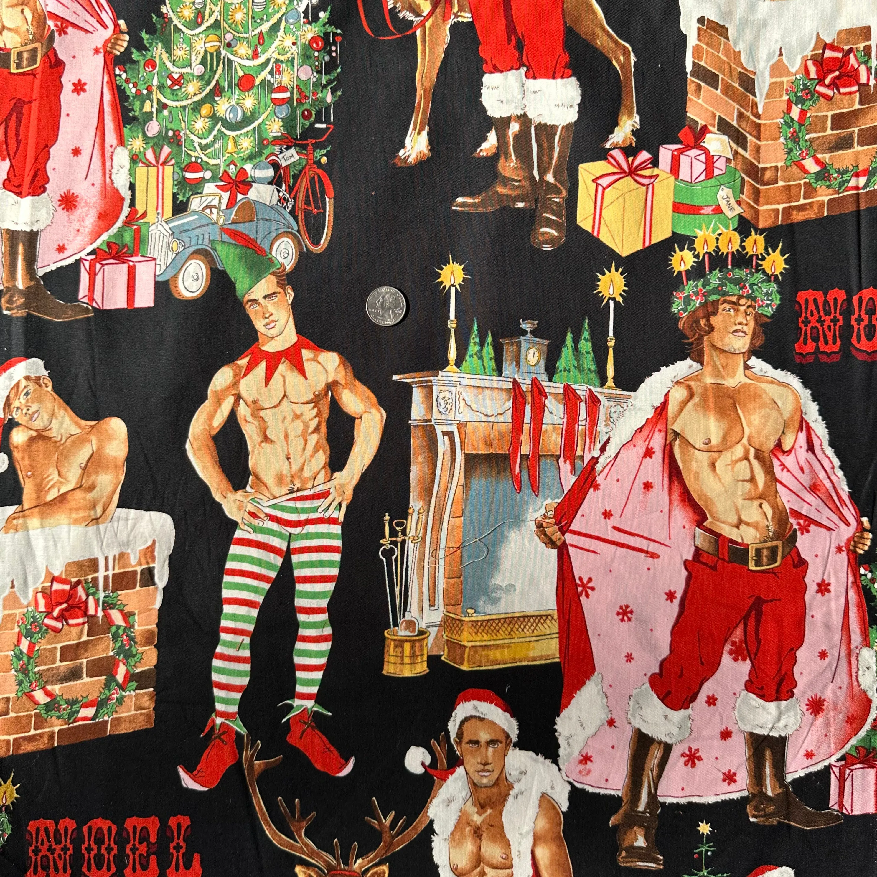 Cotton Fabric BTY Adult Sexy Santa Christmas Tree Scenic Men in Elf Costume