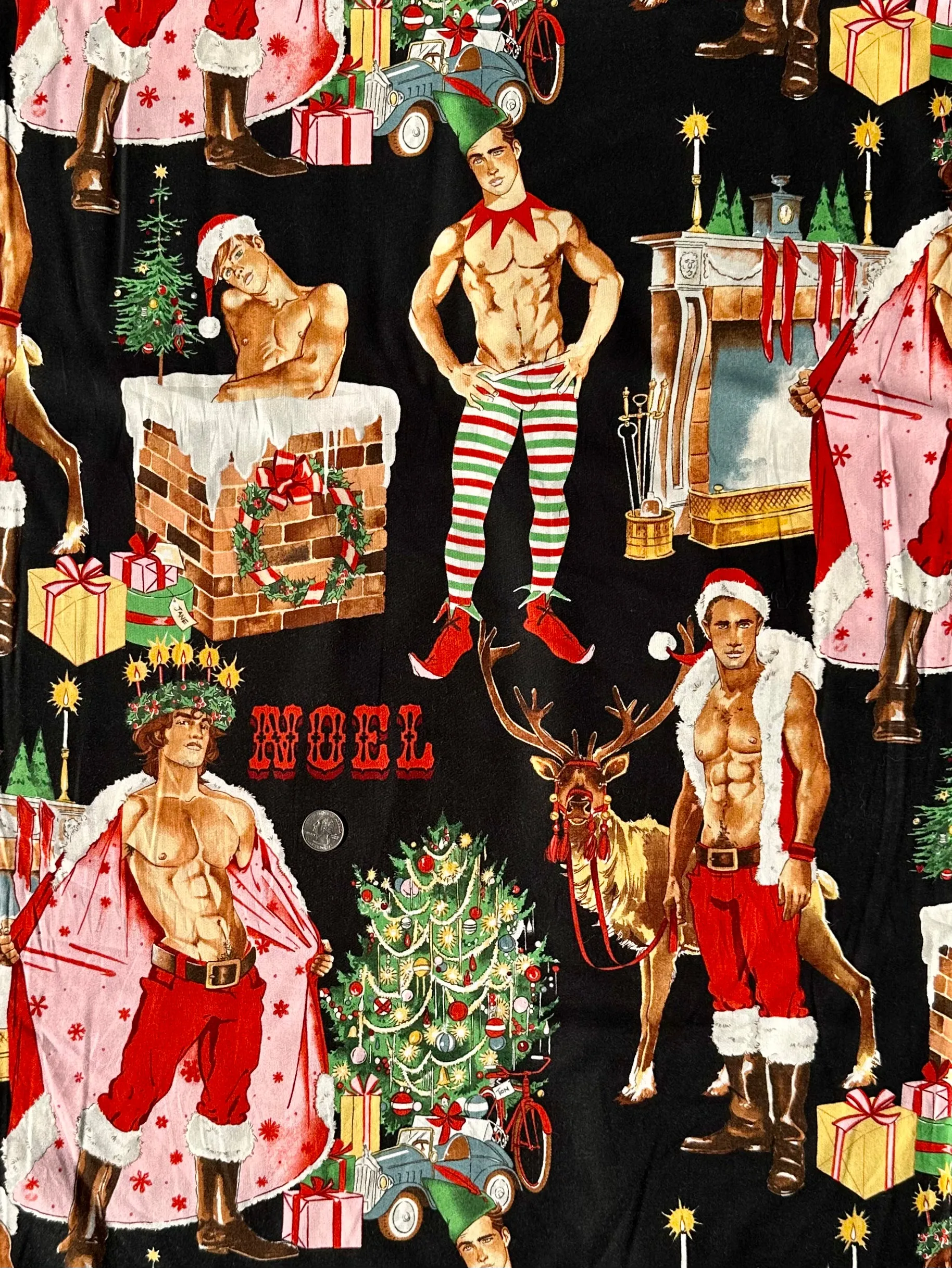 Cotton Fabric BTY Adult Sexy Santa Christmas Tree Scenic Men in Elf Costume