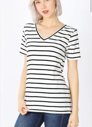 COTTON STRIPED V-NECK SHORT SLEEVE Top