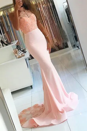 Cute Pink Lace Backless Mermaid Halter Beaded Long Prom Dresses, MP178