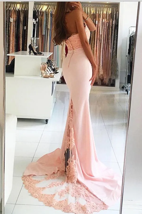 Cute Pink Lace Backless Mermaid Halter Beaded Long Prom Dresses, MP178