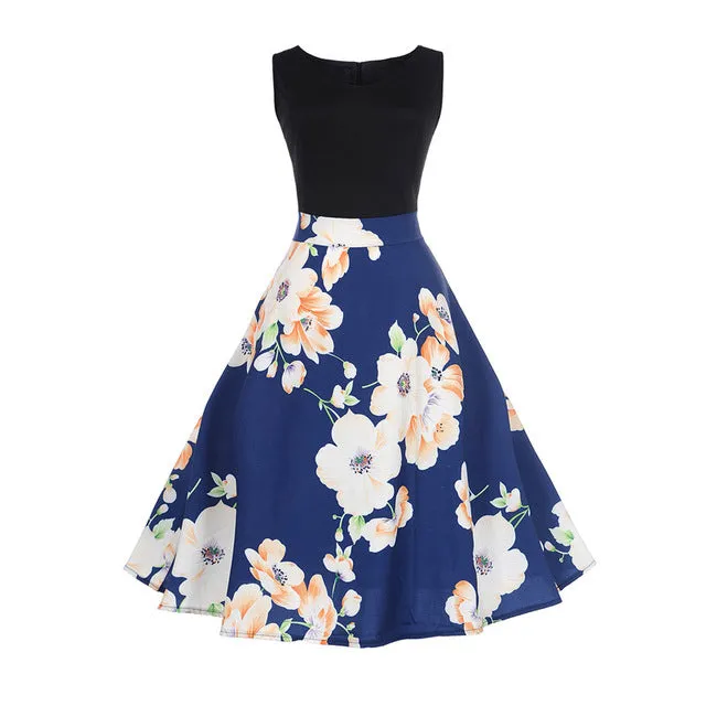 CYAN Elegant Women Summer Dress 2018 Casual Floral Sleeveless Ball Gown Dress Vintage Sexy 50s 60s Party Dresses Female Vestidos
