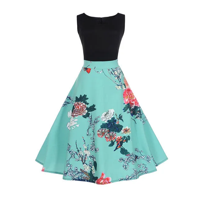 CYAN Elegant Women Summer Dress 2018 Casual Floral Sleeveless Ball Gown Dress Vintage Sexy 50s 60s Party Dresses Female Vestidos