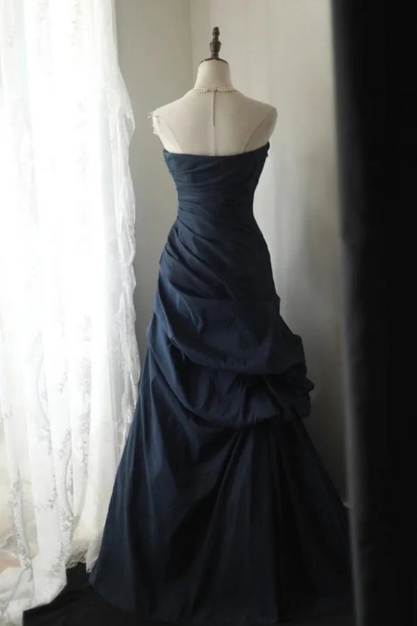 Dark Blue Vintage Style Taffeta Long Prom Dress, Dark Blue Prom Dress APP1047