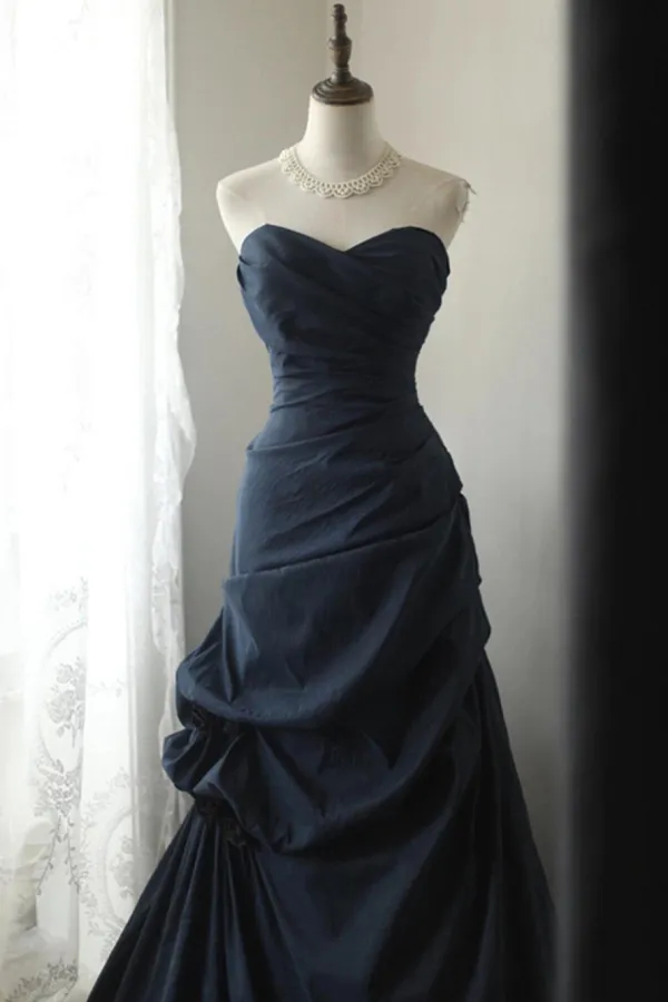 Dark Blue Vintage Style Taffeta Long Prom Dress, Dark Blue Prom Dress APP1047