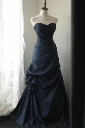 Dark Blue Vintage Style Taffeta Long Prom Dress, Dark Blue Prom Dress APP1047