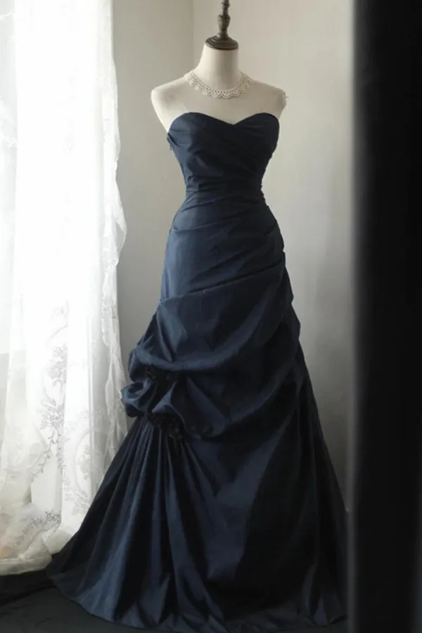 Dark Blue Vintage Style Taffeta Long Prom Dress, Dark Blue Prom Dress APP1047