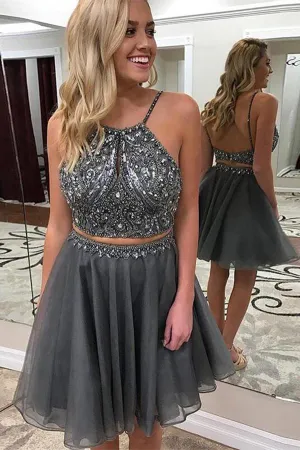 Dark Grey Halter Beaded Two Piece Homecoming Dresses Short Prom Dresses, MH369