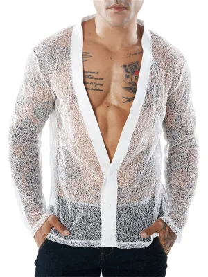 Deep V-neck Transparent Mesh Shirts for Male