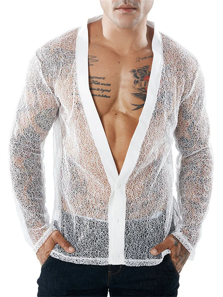 Deep V-neck Transparent Mesh Shirts for Male