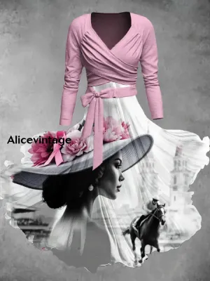 Derby Art Print V-Neck Vintage Long Sleeve Two Piece Dress Derby Dress