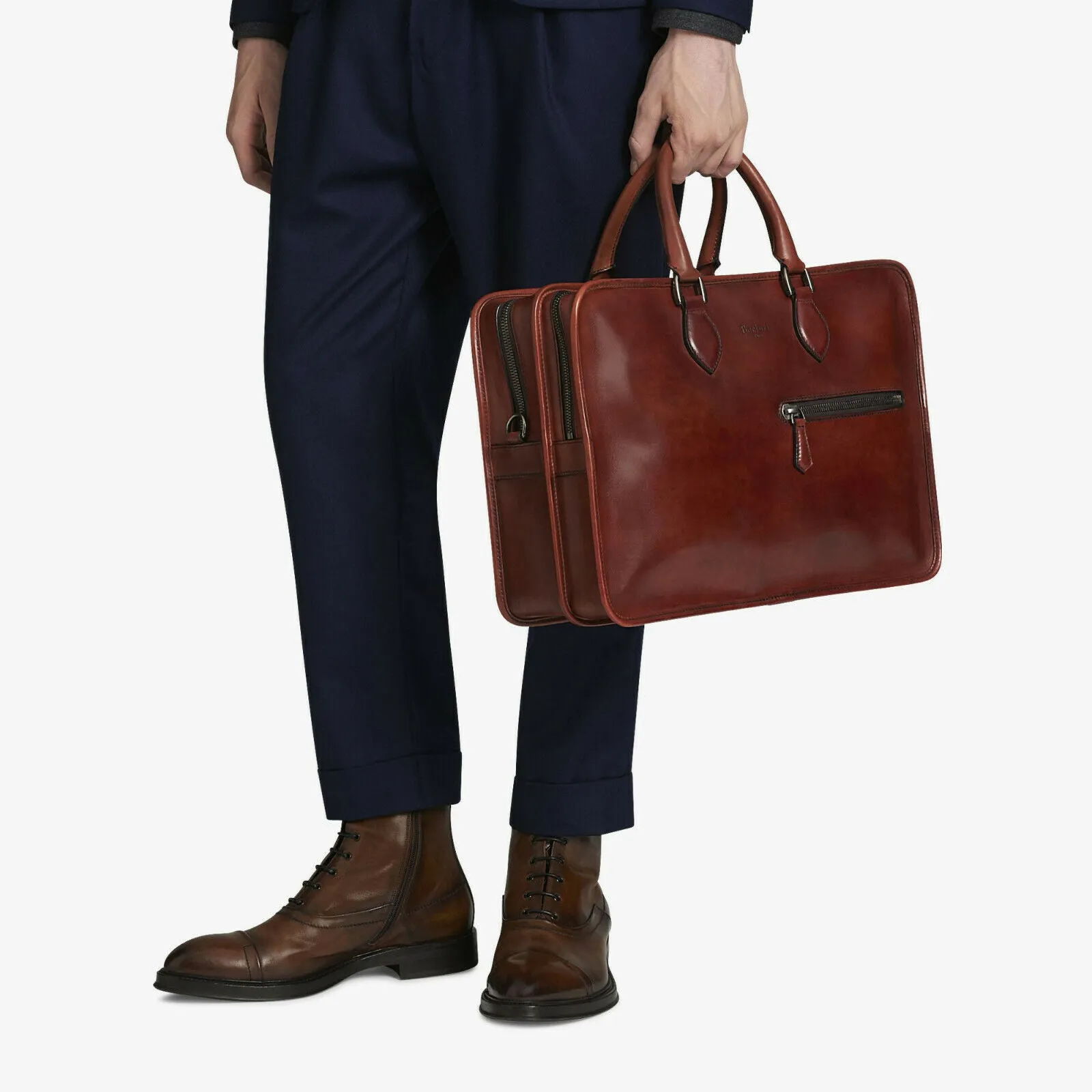 Deux Jours Large Leather Briefcase Vermillion