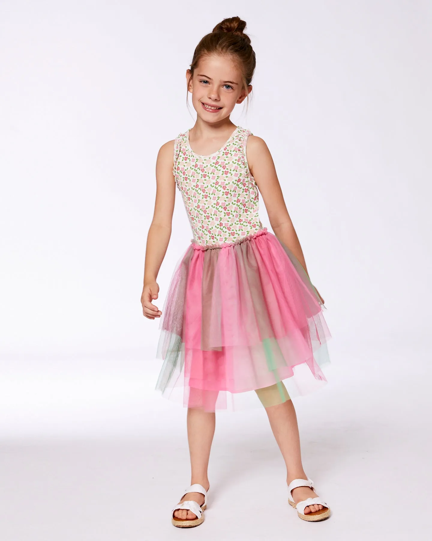 Deux Par Deux Flower Print Dress with Mesh Gradient Skirt