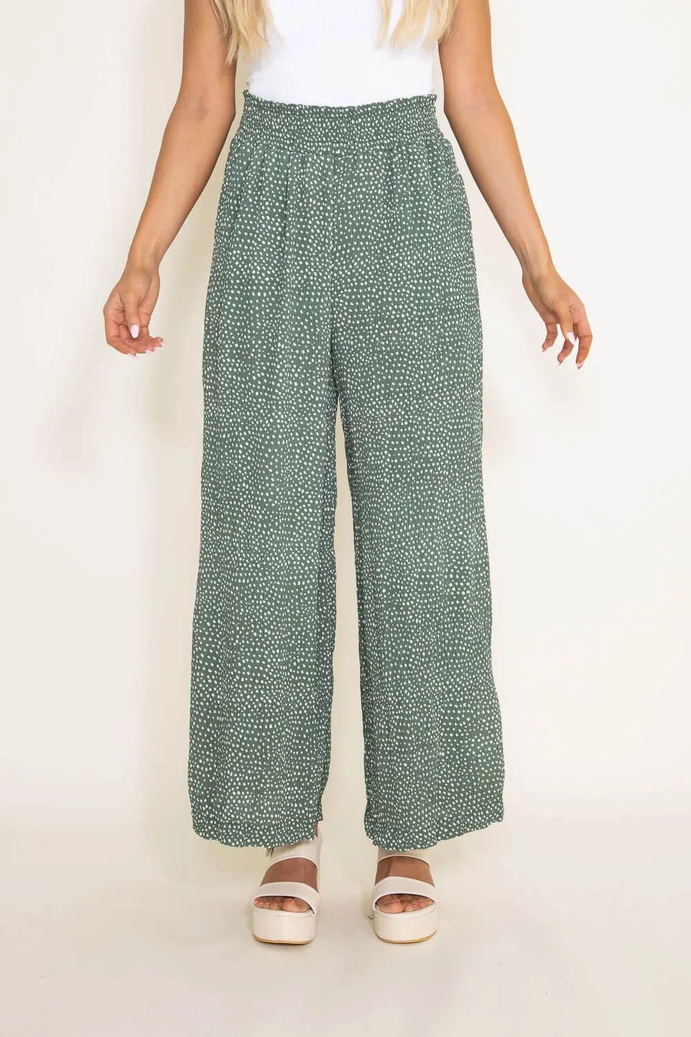 Dotted Smocked Waist Wide Leg Pants for Women in Green | NP70125-GREENDOTTED