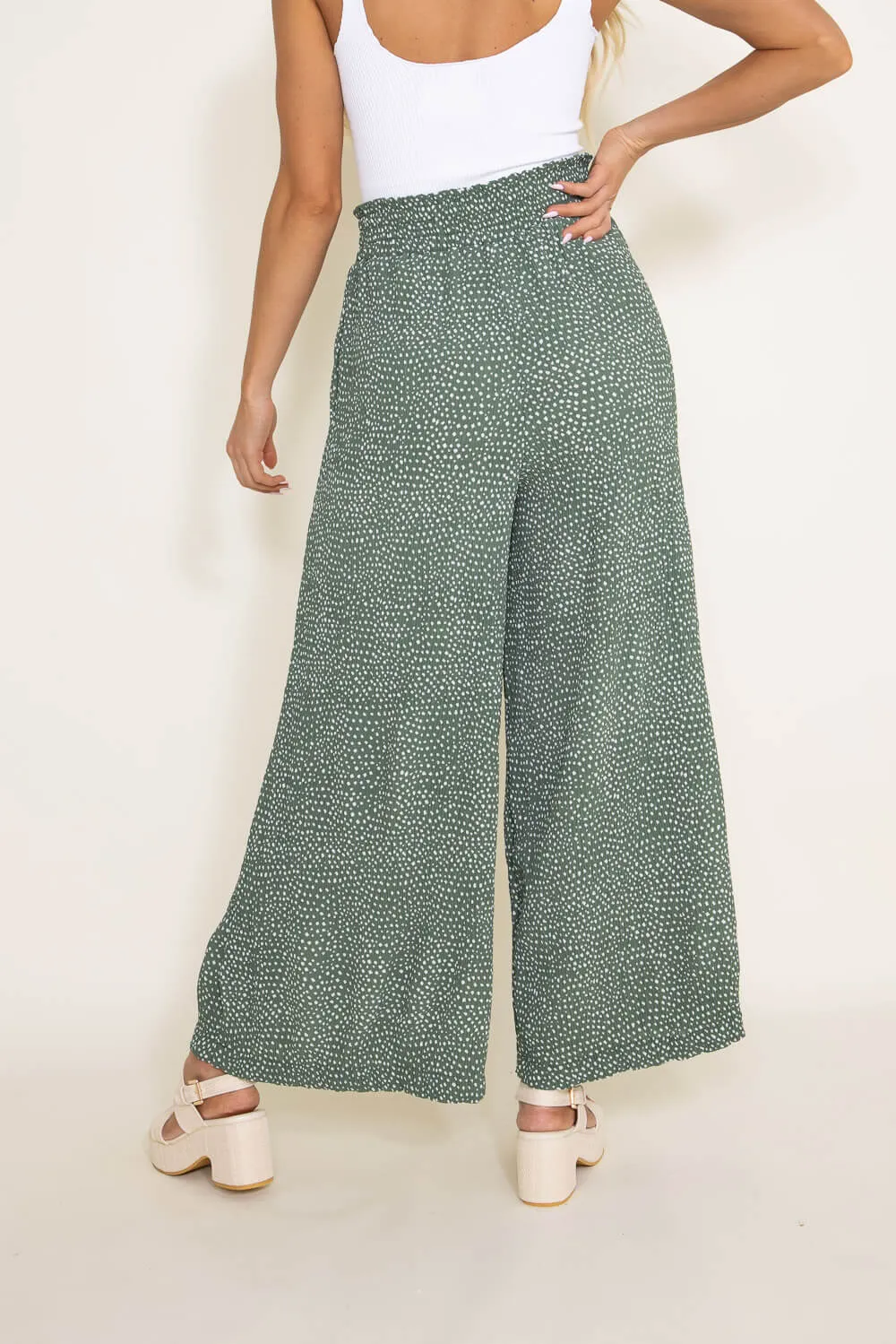 Dotted Smocked Waist Wide Leg Pants for Women in Green | NP70125-GREENDOTTED
