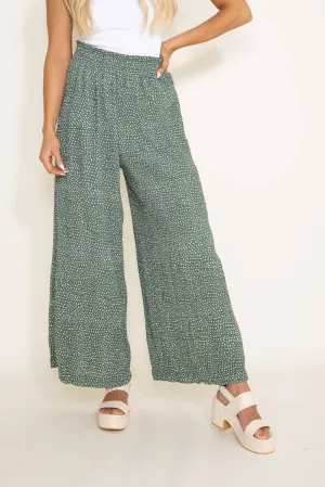Dotted Smocked Waist Wide Leg Pants for Women in Green | NP70125-GREENDOTTED