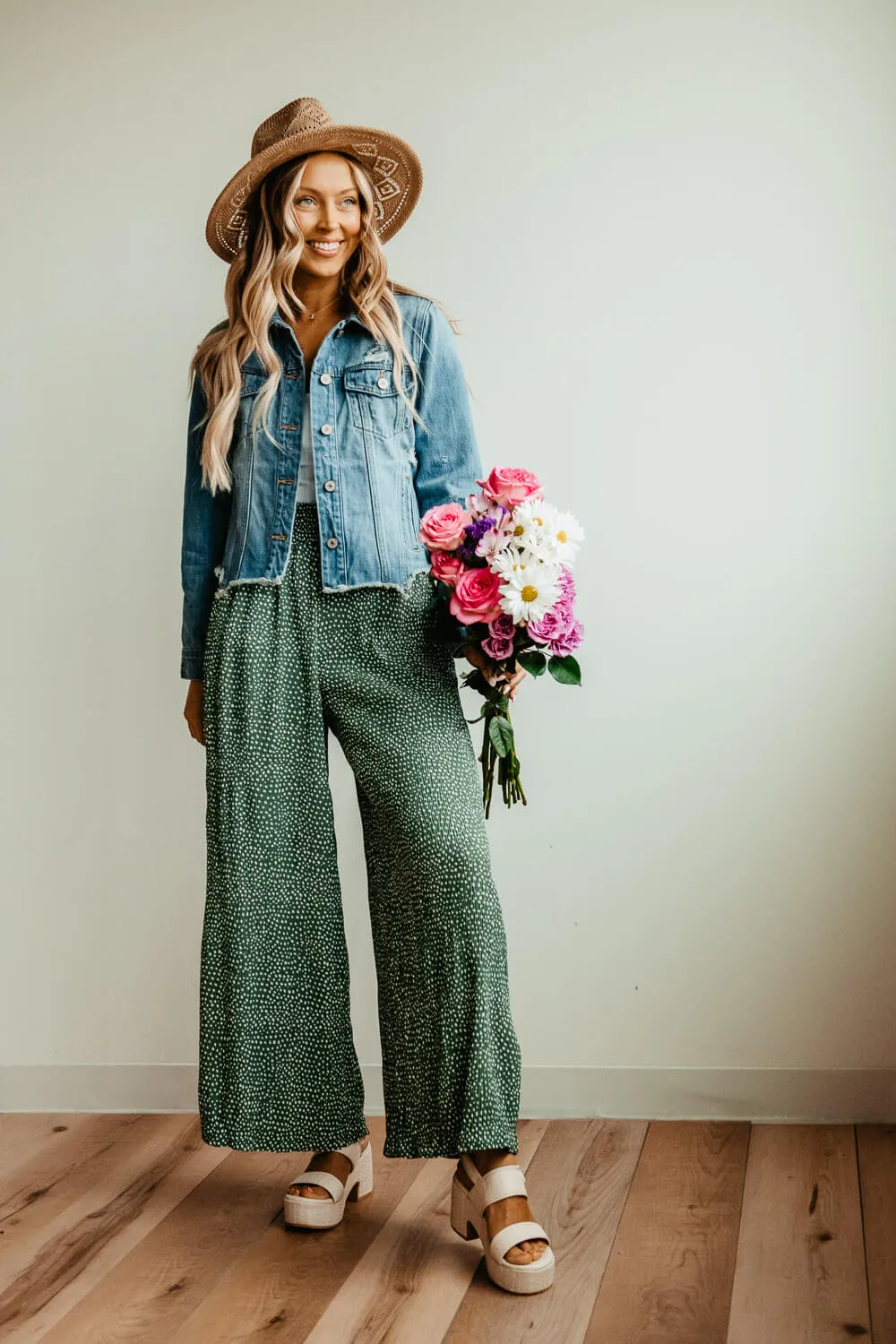 Dotted Smocked Waist Wide Leg Pants for Women in Green | NP70125-GREENDOTTED