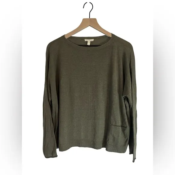 Eileen Fisher | 100% Linen Olive Green Lightweight Longsleeve Sweater Size Large