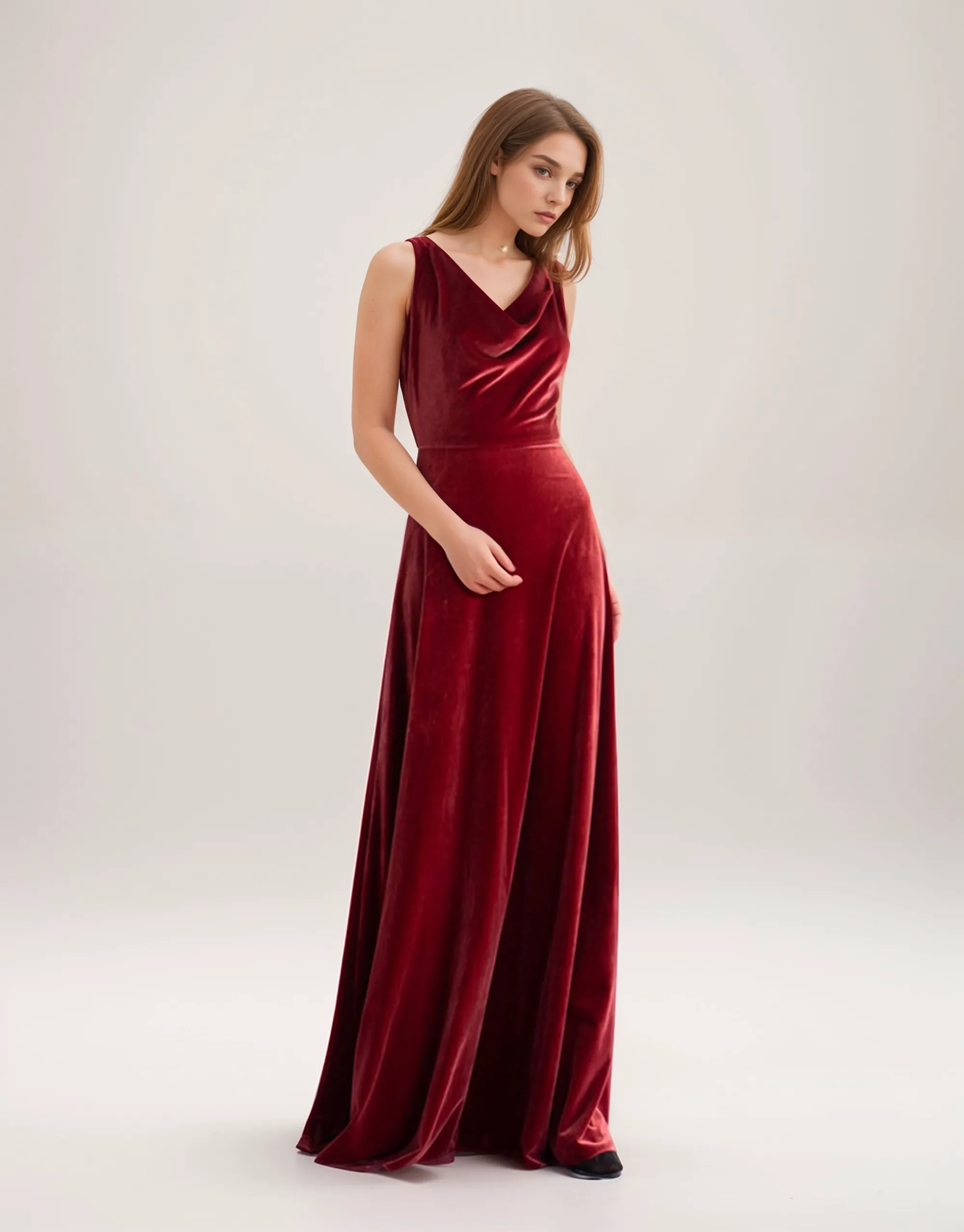 Elegant A-Line Velvet Prom Dress with Unique Draping Neck and Back Design