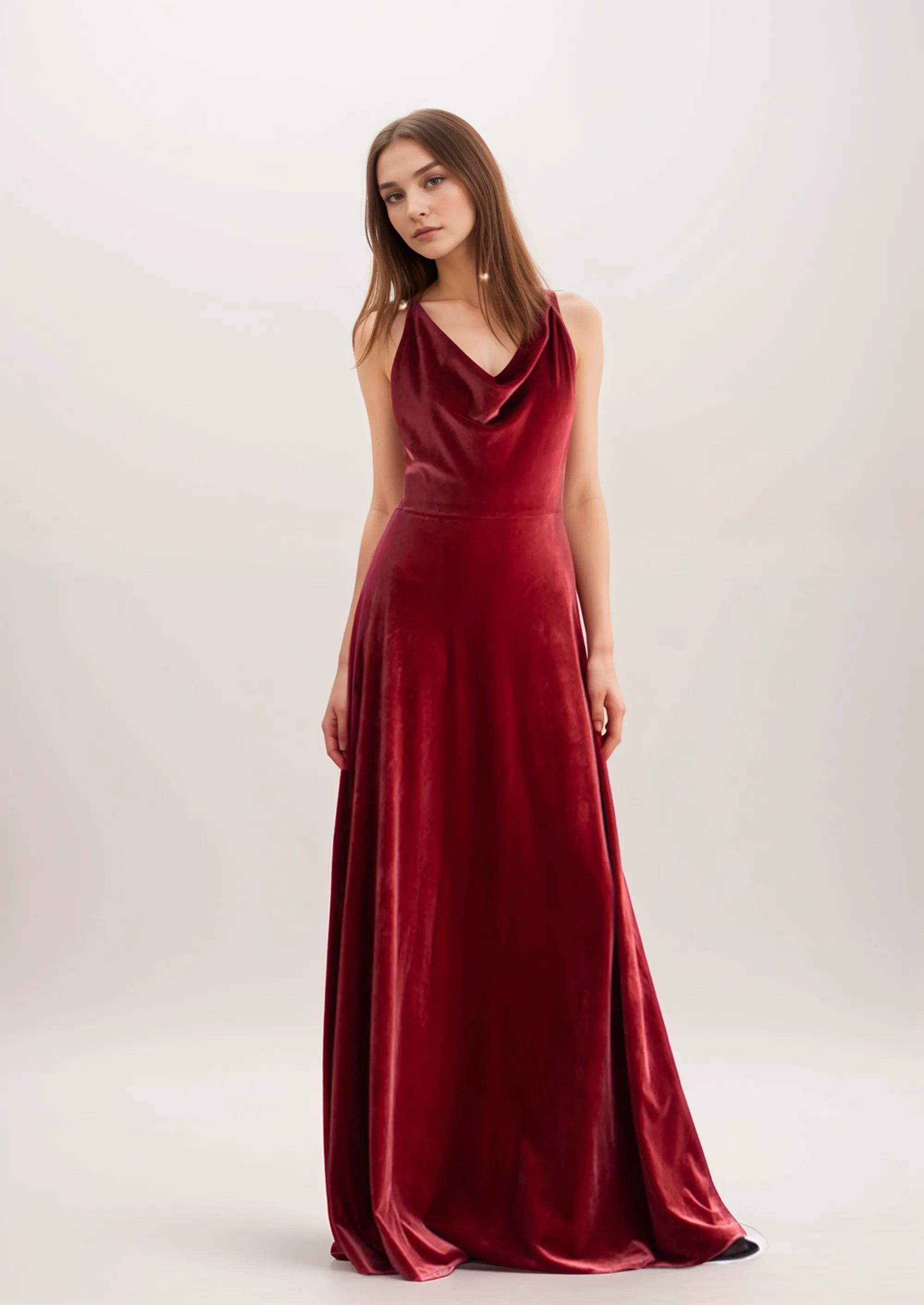 Elegant A-Line Velvet Prom Dress with Unique Draping Neck and Back Design