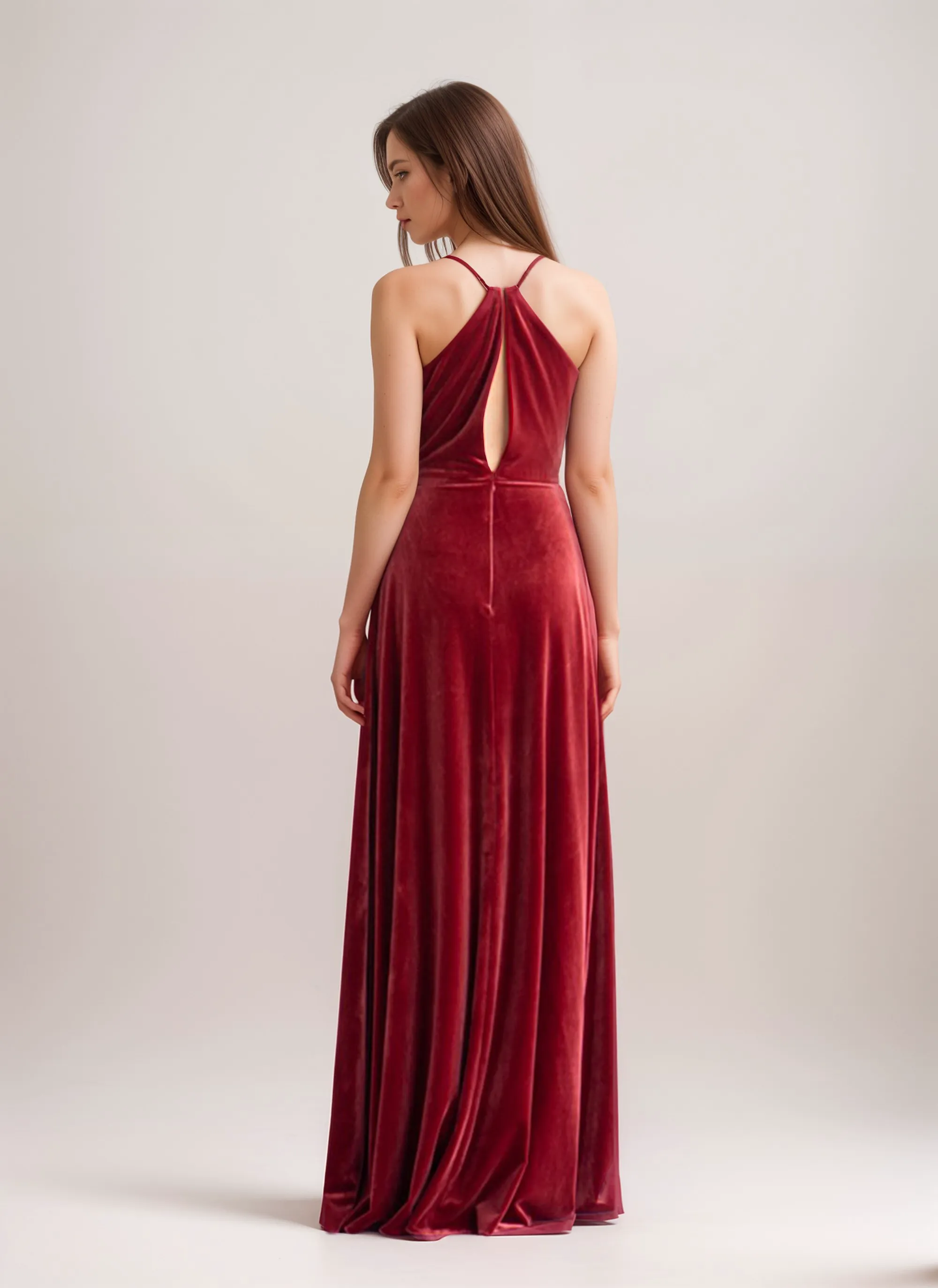 Elegant A-Line Velvet Prom Dress with Unique Draping Neck and Back Design