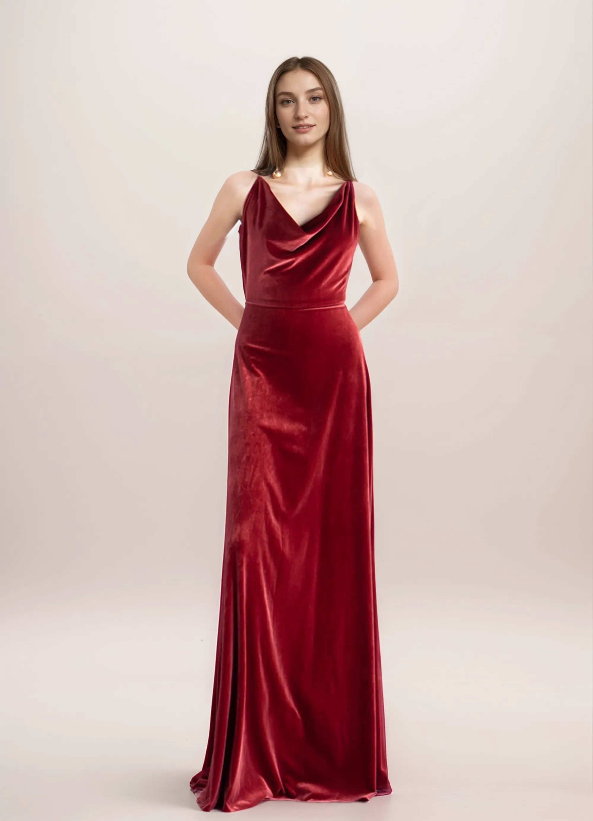 Elegant A-Line Velvet Prom Dress with Unique Draping Neck and Back Design
