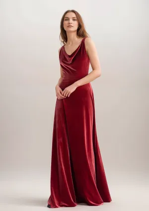 Elegant A-Line Velvet Prom Dress with Unique Draping Neck and Back Design