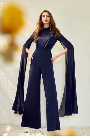 Elegant Navy Blue Chiffon Cape-Sleeve Wide-Leg Jumpsuit for Evening Wear